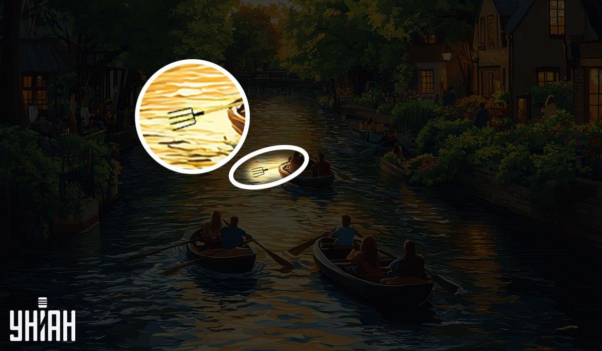 Kan du hitta felet? Kvällsstad med flod och båtar