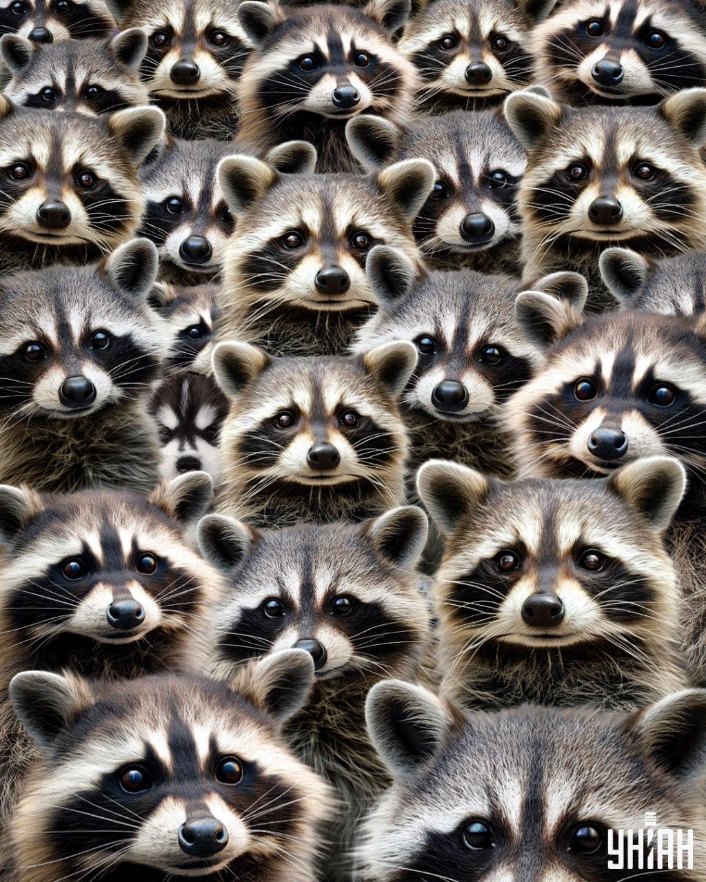 Pussel med tvättbjörnar och en gömd husky