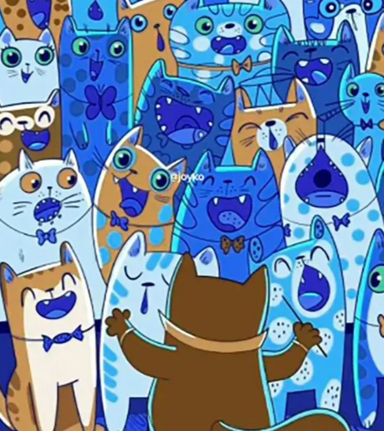 Testa din uppmärksamhet Optisk illusion med kattkör där en fisk är gömd